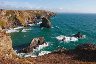 Bedruthan Steps At High Tide From Porthcothan Direction