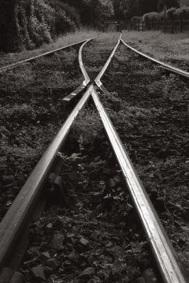 Train points in monochrome at Boscarne Junction, near Bodmin
