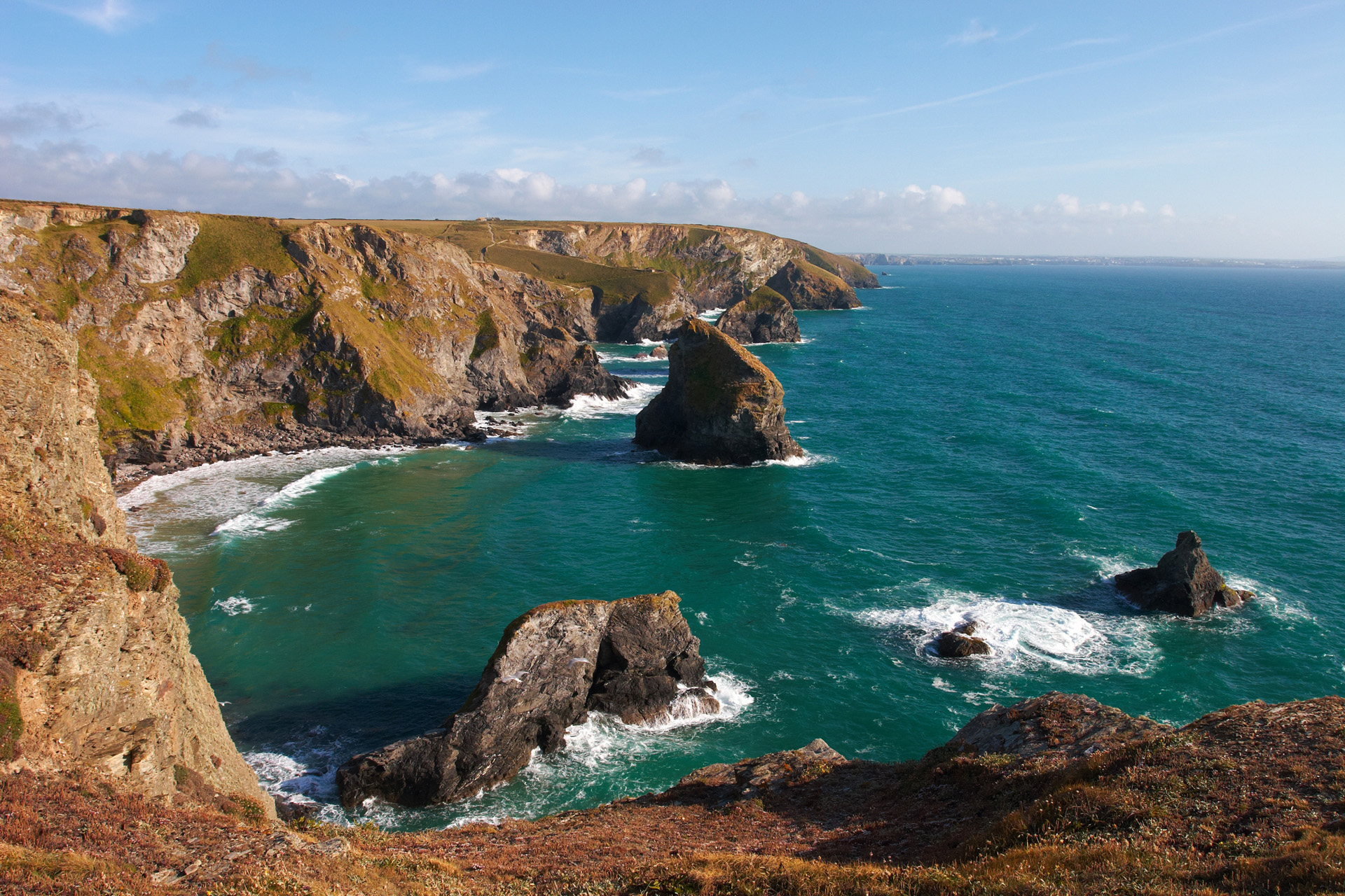 Bedruthan Steps At High Tide From Porthcothan Direction