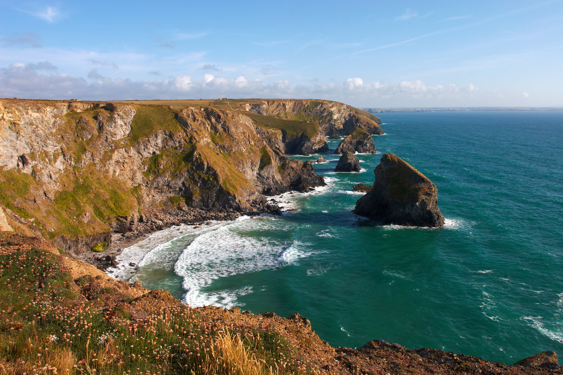 Bedruthan Steps At High Tide From Porthcothan Direction