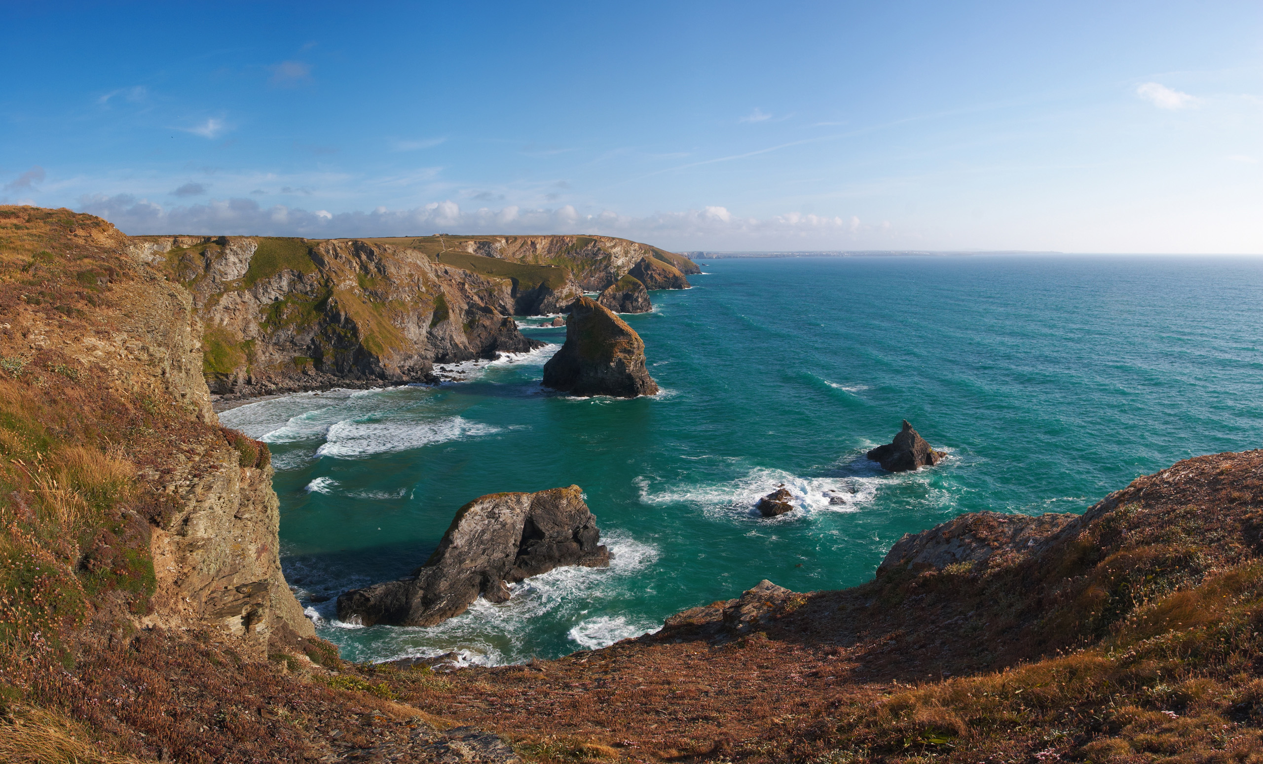 Bedruthan Steps At High Tide From Porthcothan Direction