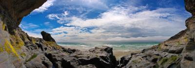 Bedruthan rocks panorma, with a storm brewing out to sea