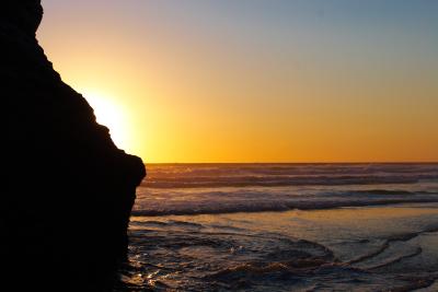 Rock Outcrop at Bedruthan Steps silhouetted against the setting